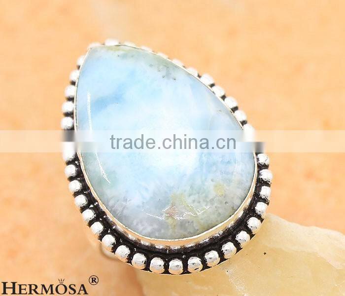 Brilliant Drop Natural Blue Larimar 925 Sterling Silver Gemstone Ring s 8.5