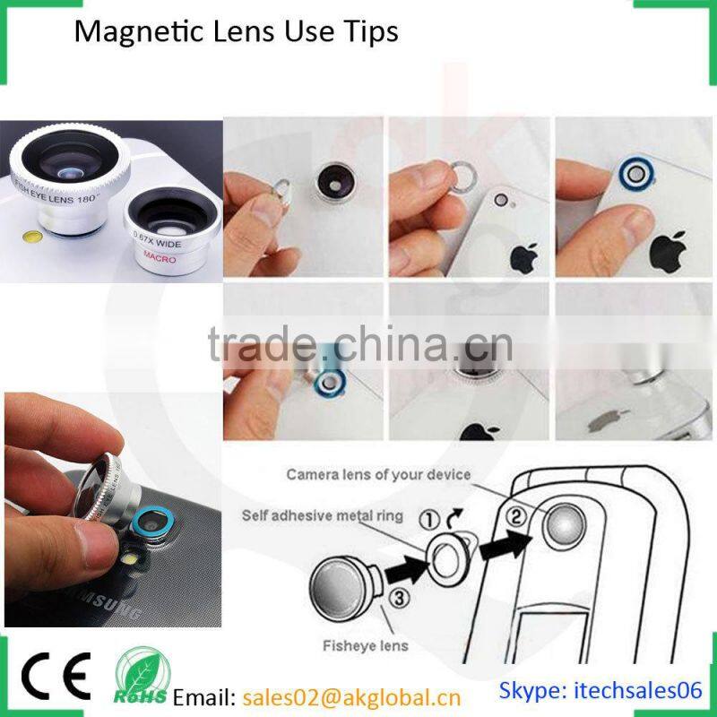 Awesome photo gadgets magnetic camera lens 180 degree fisheye+0.67x wide-angle+10x macro 3in1 lens kit 2016 new products