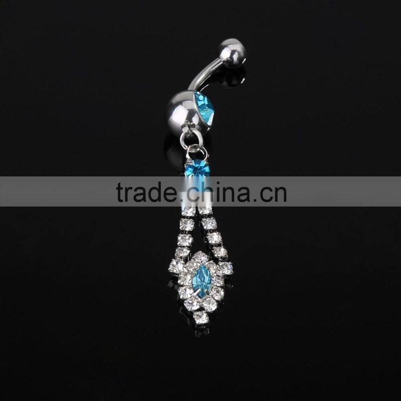 Multi Clears Gems Paved Tassel With Bluish CZ Drop Down Charms Dangle Belly Button Naval Ring.