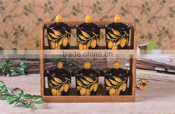 Fresh Decal Ceramic Kitchen Food Canisters Set with Wooden Stand