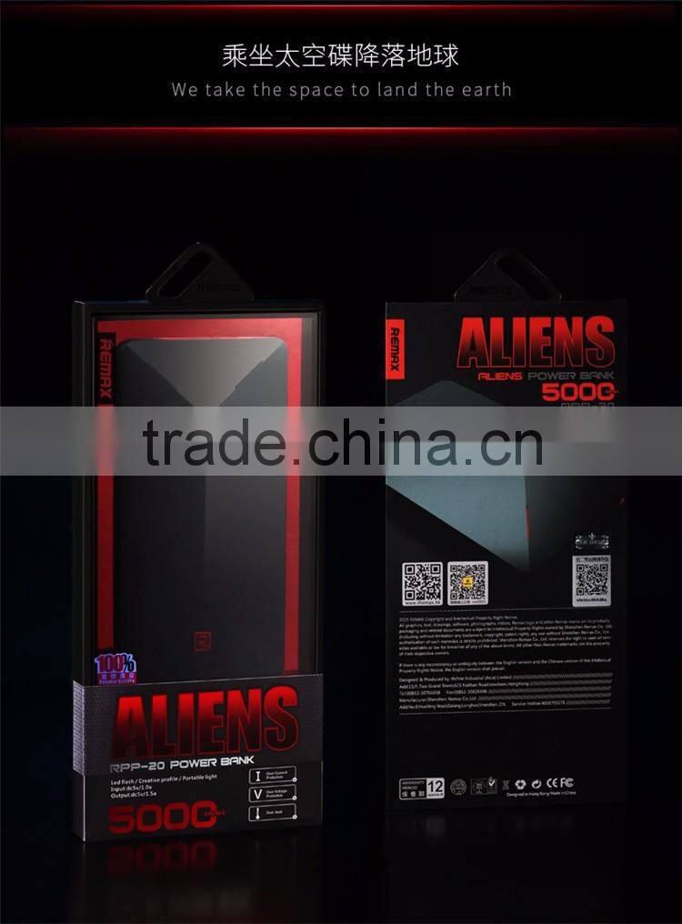 Hot Sell 5000mah Remax Portable Power Bank For iphone 6S 5S xiaomi huawei Alien Mobile Power