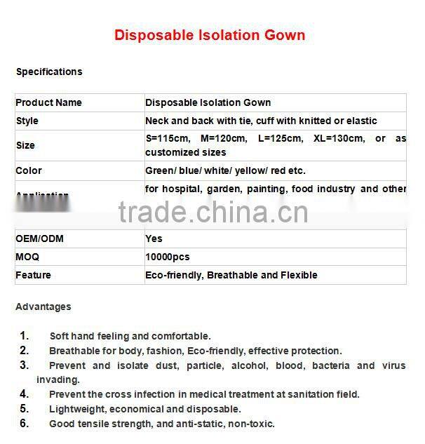 PP/ SMS/ PP+PE disposable isolation gown