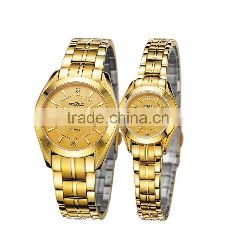 All gold case and band couple watches for rich his and hers quartz watches