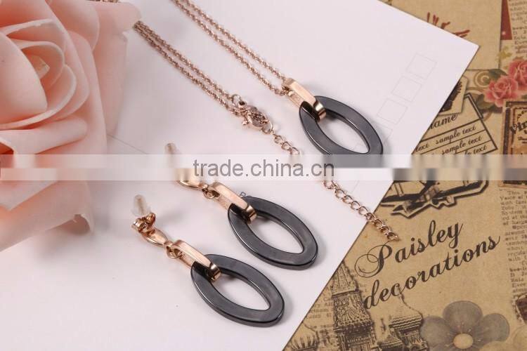 Western lady fashion simple style black ceramics rose gold chain necklace graceful jewelry set