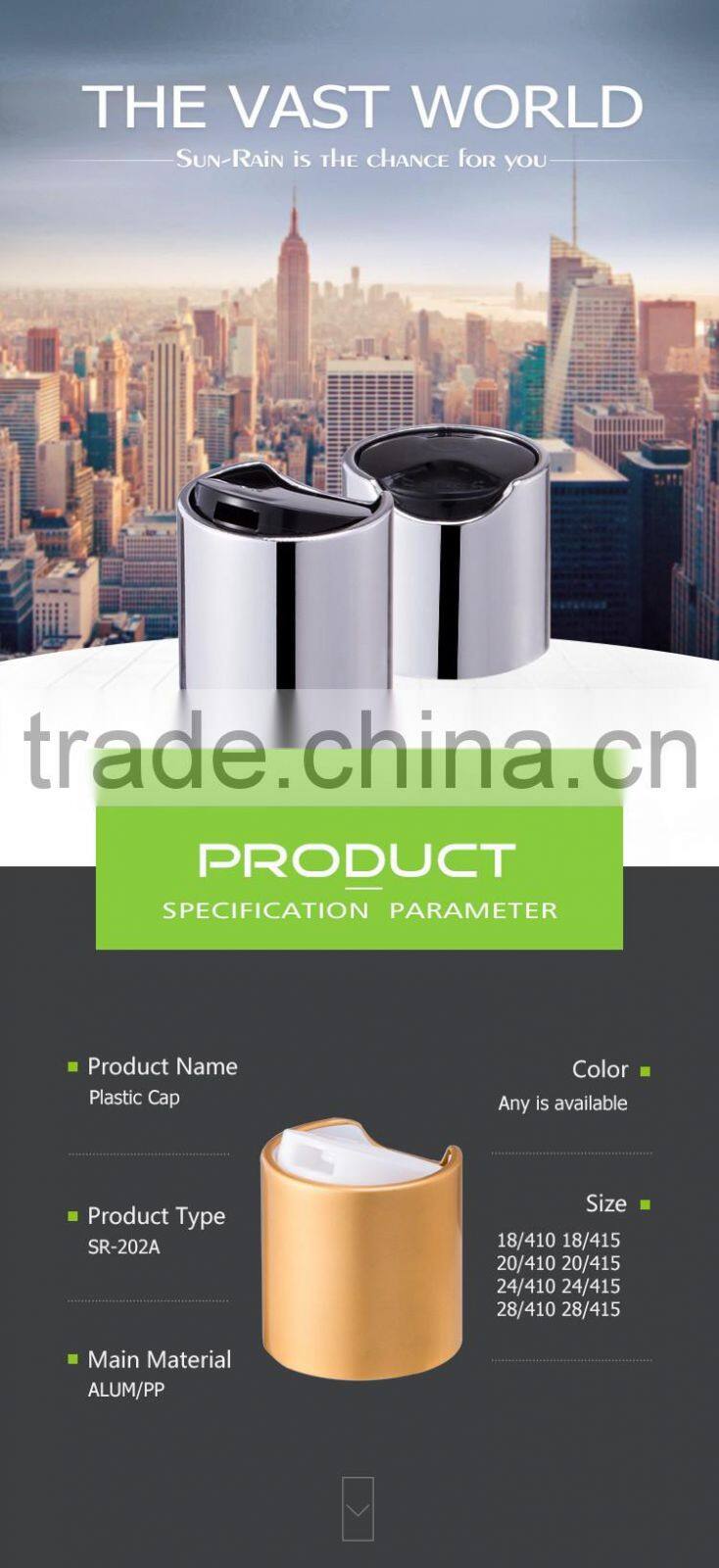 Hot China-made Yuyao nonspill feature push pull cap 24/410 silver press top cap