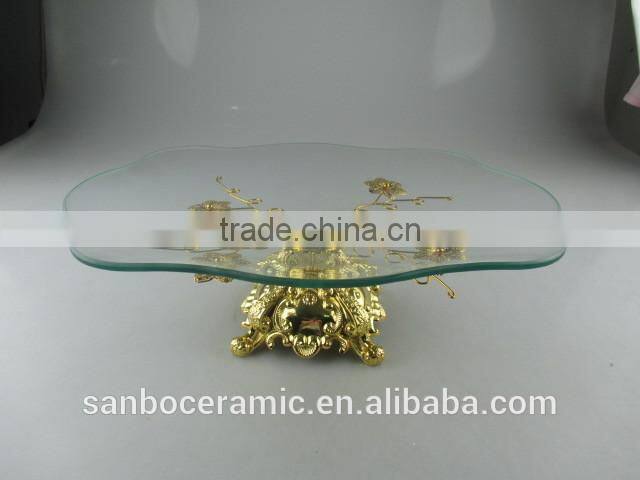 Hanging crystals cake stand, rectangle golden glass cake plate with footed and handle