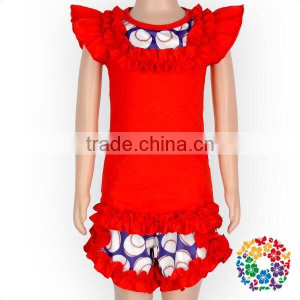 Popular Baseball Print With Red Cotton Ruffles Baby Girls Shorts