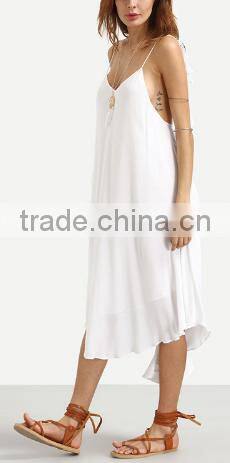 2016 Beach Wear White Spaghetti Strap Tassel Backless Sleeveless V Neck Asymmetrical High Low Midi Dress