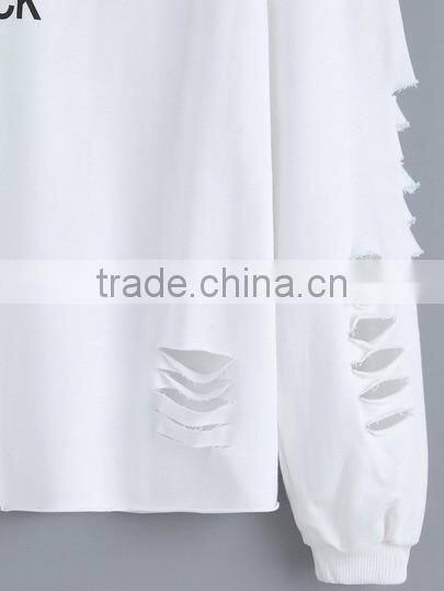 White Round Neck Cut-out Letters Print Sweatshirt for women