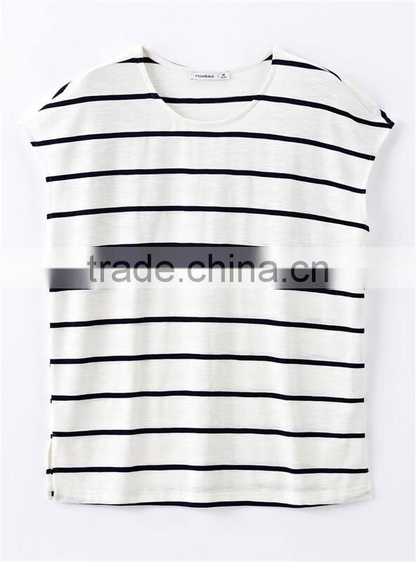 European American style leisure loose knitting minimalism round collar short sleeve stripe T-shirt