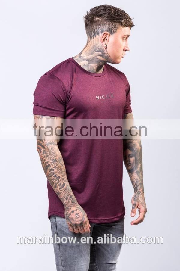Burgundy 100% Polyester Dri Fit T Shirt Mens Short Sleeve Longline Curved Hem Tee Elongated T-Shirt Wholesale
