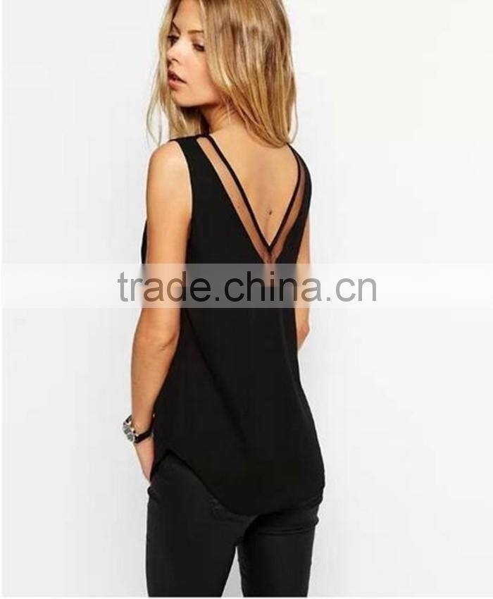 2016 Summer Style Hollow Out Sleeveless Design Tank Top for Women Chiffon Tank Tops