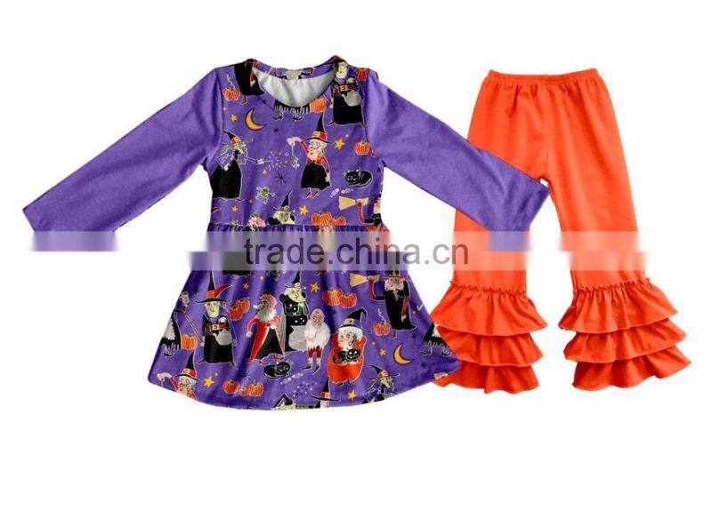 Wholesale fall winter print halloween clothing triple ruffle baby clothes clothing set