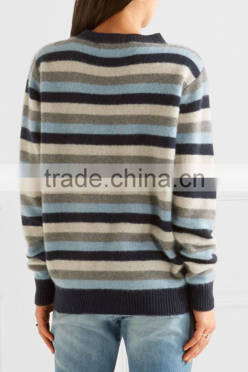 2017 New Design Mid-High Crew Necked Colorblocked Striped Girls Long Sweater