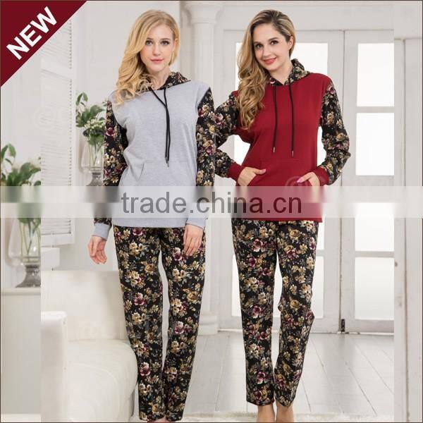 New wholesale cvc women fancy printing pajama with hood custom front pocket design winter pajamas set for lady