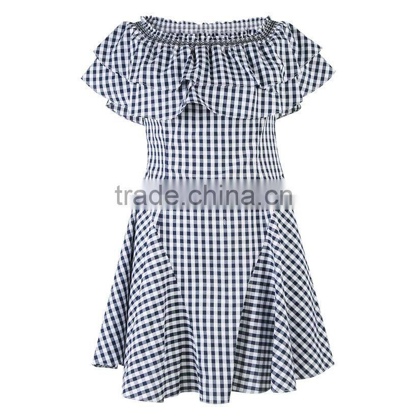 Dresses in casual Dresses Sweet And School Style Off Shoulder Blue&White High-Waist Slim Ruffle Dress