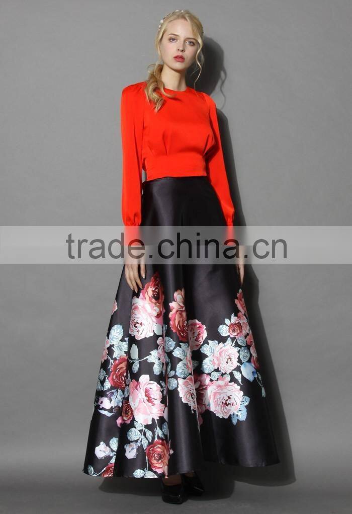2016 Guangzhou Shandao Latest Design Women Autumn New Western Flower Printed Ruffle Satin Long Maxi Skirt