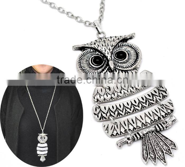 Vintage Antique Silver Owl Halloween Ornaments Pendant Necklaces 27-1/2"