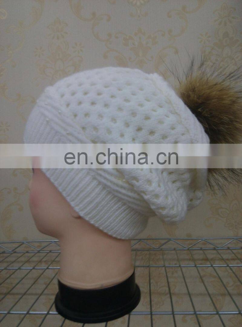 Real Wool Knitted With Raccoon Fur Pompom Beanie Hat Pretty Wool Knitted Raccoon Fur Ball hat