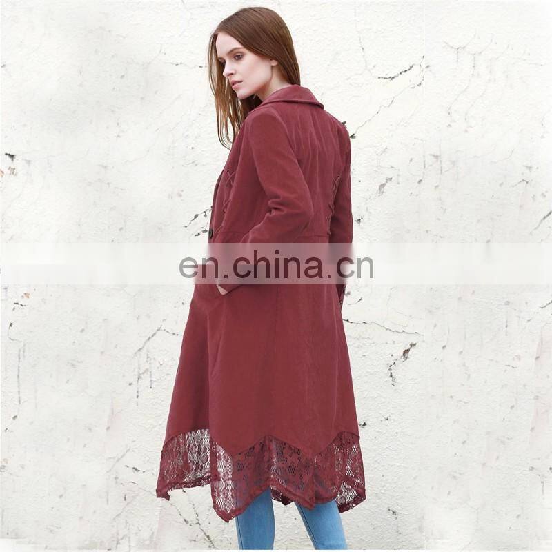 Fashion lapel design khaki lace spliced long women trench coat