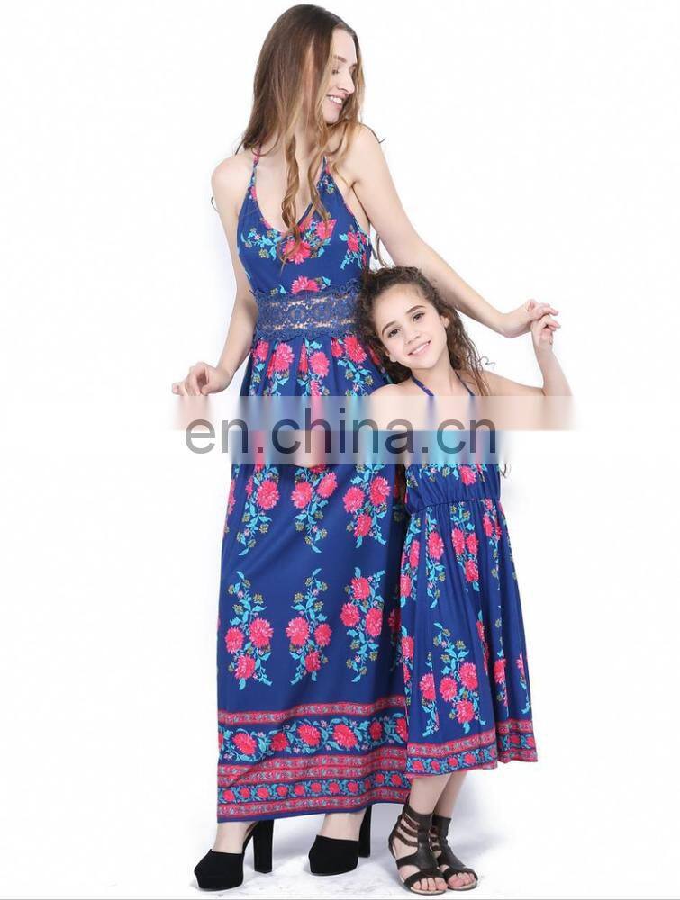 Fashion design mommy and me outfits blue floral printed mother daughter matching dress