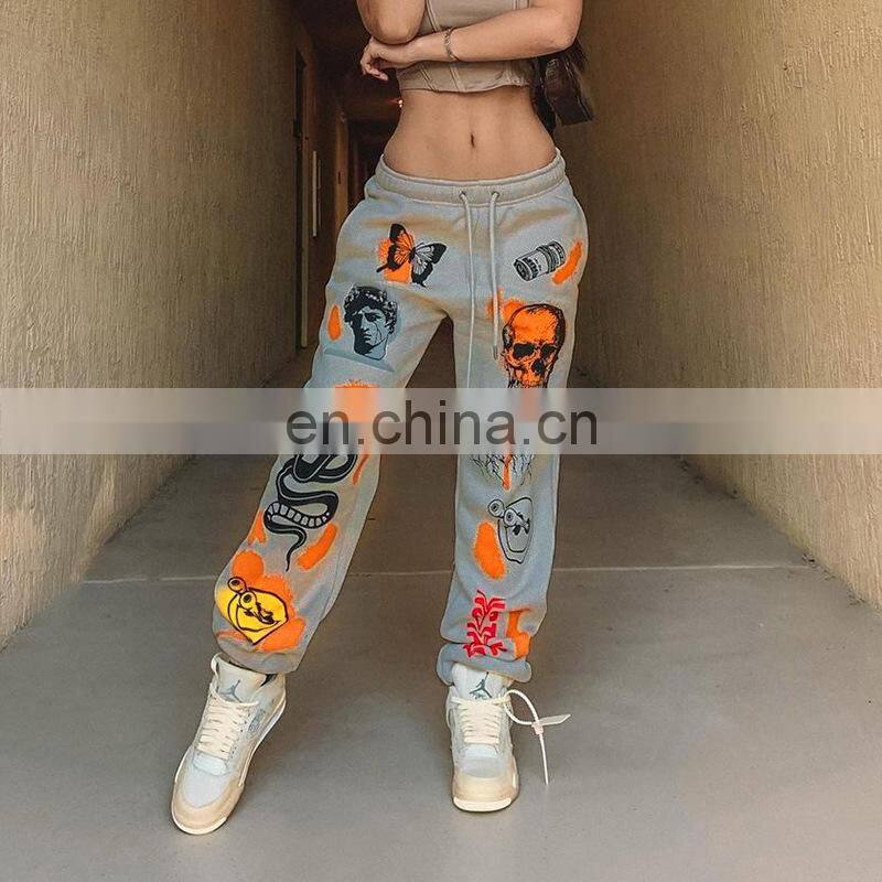 2021 autumn and winter new fashion street trend multi-pattern printing strap thick warm casual pants