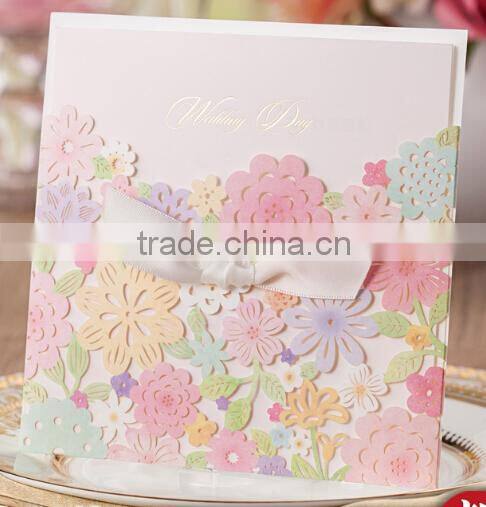 Wholesale Newest Luxury Laser Cut 2016 Wedding Cards with Gold Ribbon