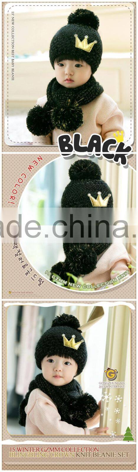 High Quality Fashion Korean Golden Crown Applique Knitted Kids Baby Hat Scarf Set