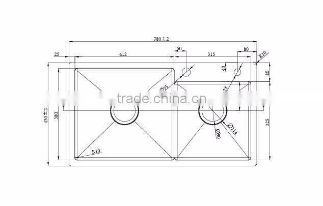 180-250mm Depth R10/R0 Radian Corner Double Bowl kitchen sinks