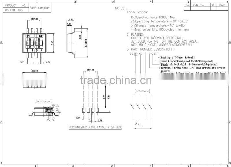 4 pin 1.27mm SMD DIP switch