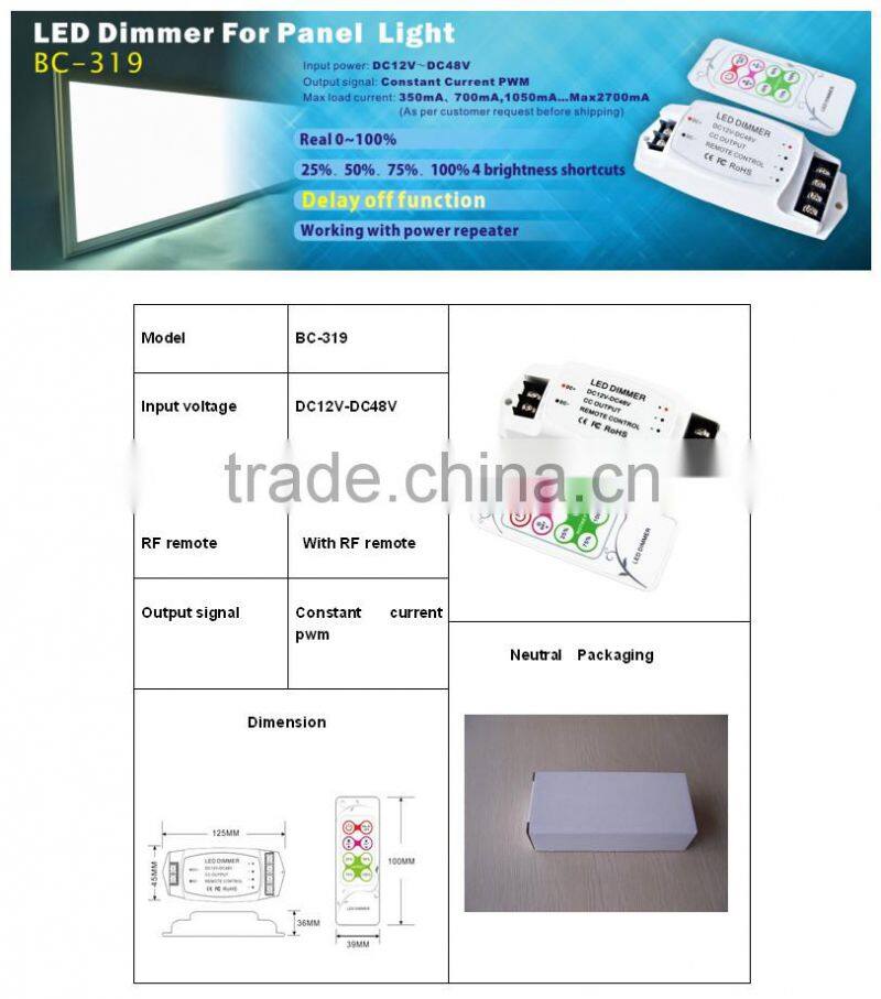 CE FCC ROHS DC12V-48V RF remote 1 channel led dimmer controller