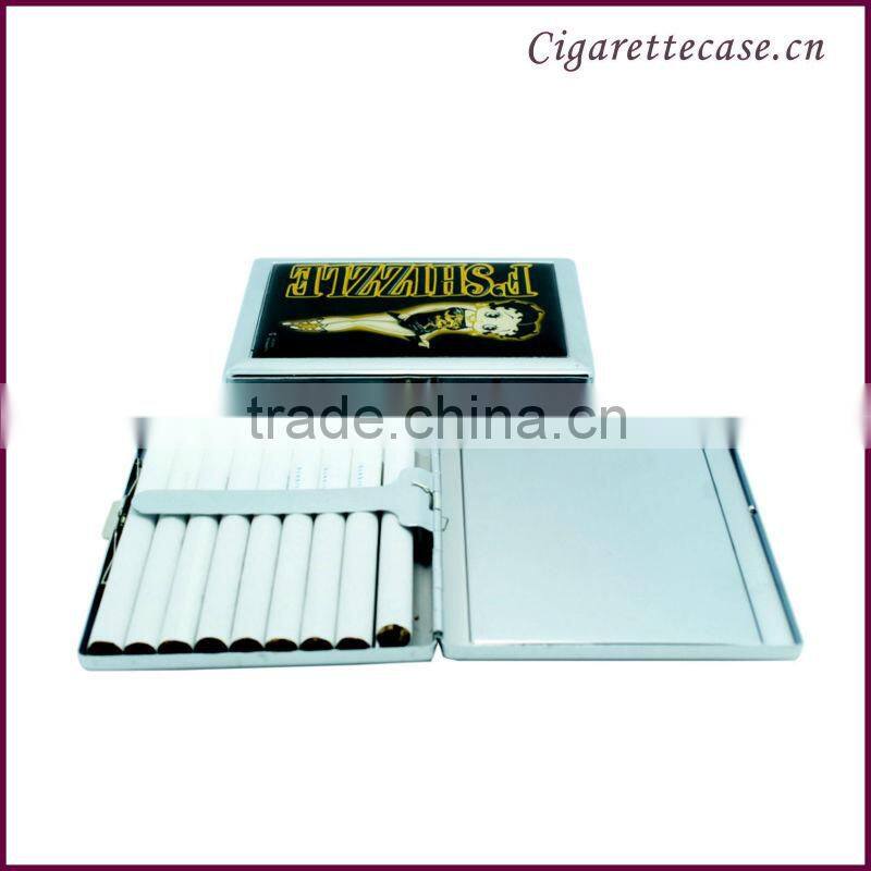 fancy design Metal chormed cigarette case with sticker logo stainless cigarette case with clip