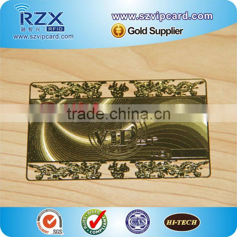 beautiful glossy etaching and hollow out business card metal golden card for gift events 2015