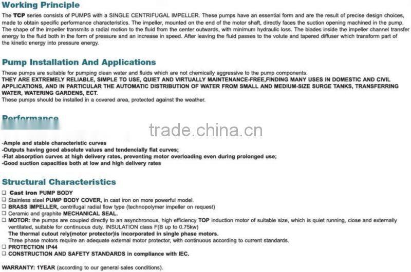 Cast iron centrifugal single phase electric water pump TCPm 190