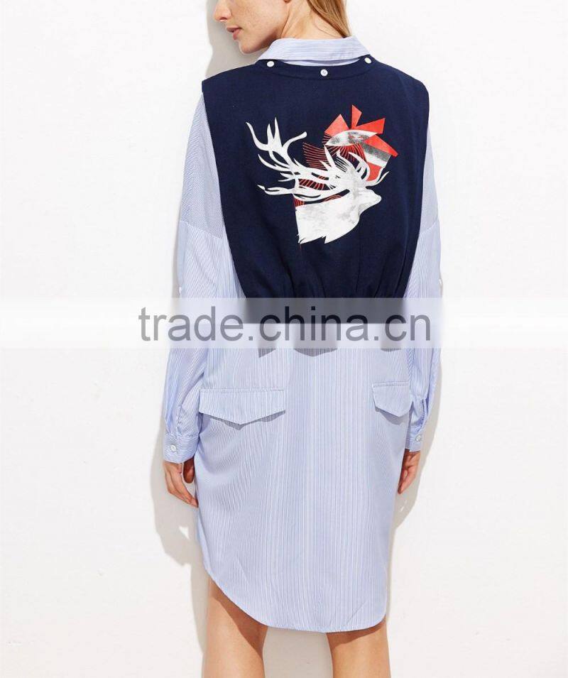 Guangzhou Clothing OEM Blue Vertical Striped Shawl Button Dress With Curved Hem