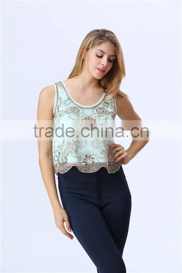new design ladies sequin embroideried beaded cami top