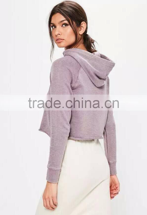 Purple Washed Hoodie Raw Hem Custom 100% Cotton French Terry Raglan Sleeve Women Cropped Hoodies