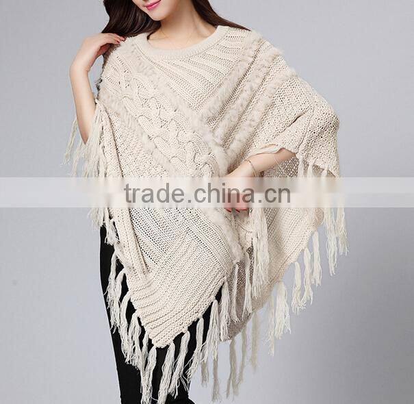 cable knitted ponchos women faux fur poncho rabbit fur ponchos