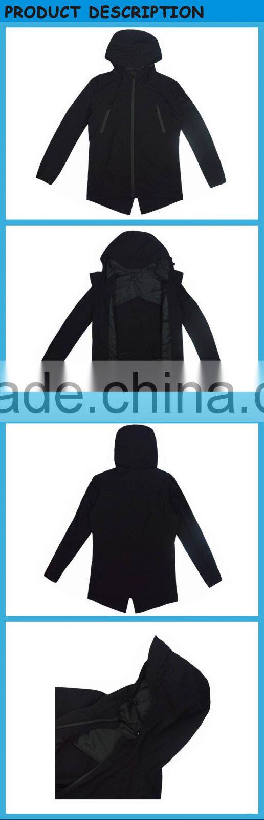 Mens Slim Fitted Long Hooded Cool Black Outerwear Jackets