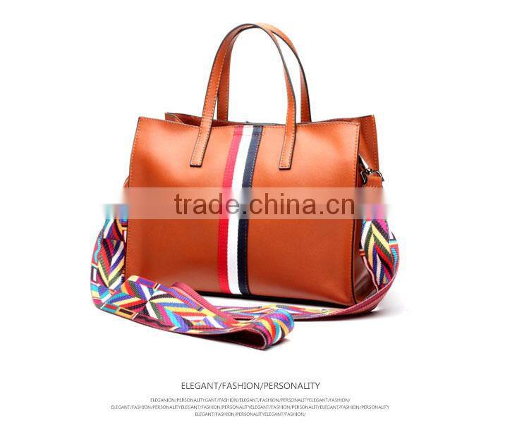 Top-Grade Simple Design Leather Hand Bags Color Straps Women Tote Handbag