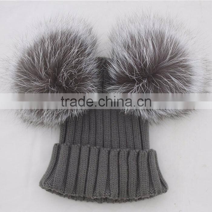 Myfur European Style Silver Fox Fur Big Pom Poms Wool Ribbed Knit Hat