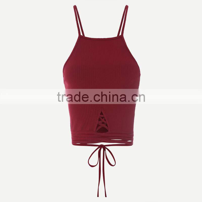 Polyester Lace Up Tank Top hollow stretchable Solid wine red Size:Free Size Sold By PC