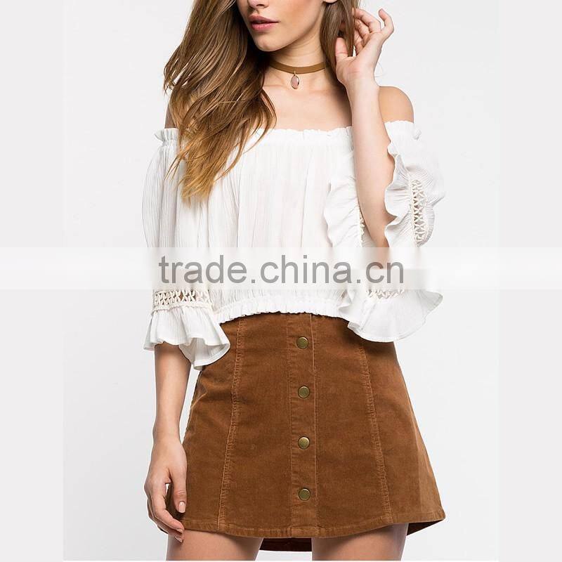 Short sleeve plain textured woven women off shoulder blouse