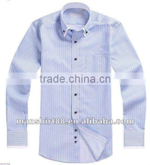 Exclusive style Yarn dyed Blue Stripes 100% Natural Cotton men's dress shirt with Double Collar&Cuff