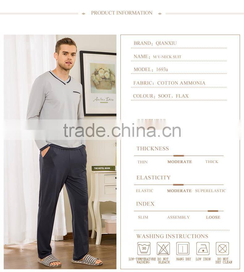 Wholesale Qianxiu Autumn Long Sleeves Cotton Comfort Knit Cotton 100 Mens Male Sleepwear