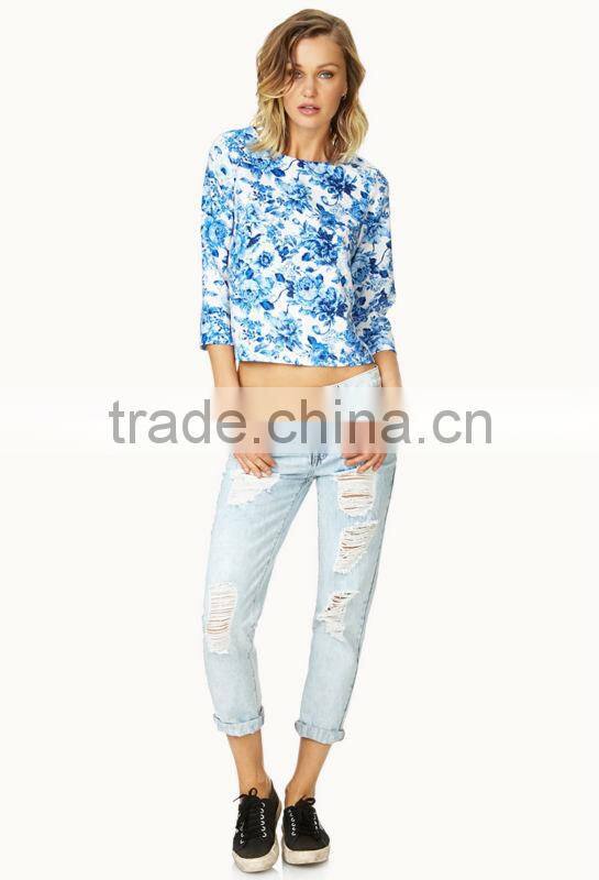 hot selling floral print lady top 3/4 sleeve back zipper lady top