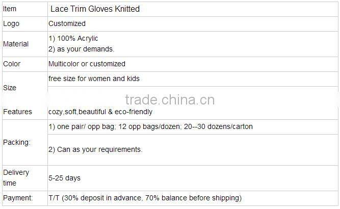 2015 New Design Knitted Lace Trim Gloves/New Pop Button Sided Lace Trim Mma Gloves Wholesale