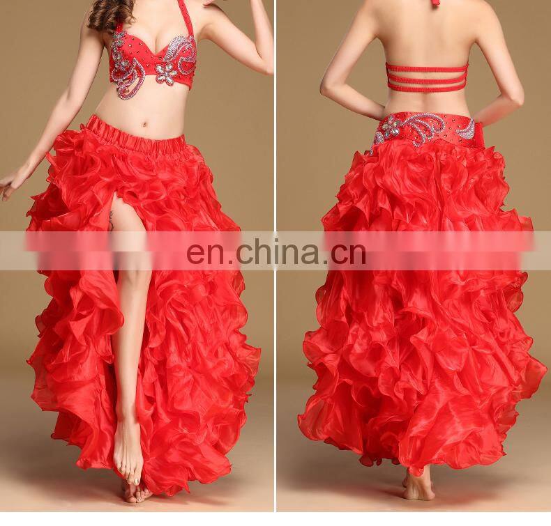 Q-6051 Plus size long organza wave performance belly dance skirt with slit