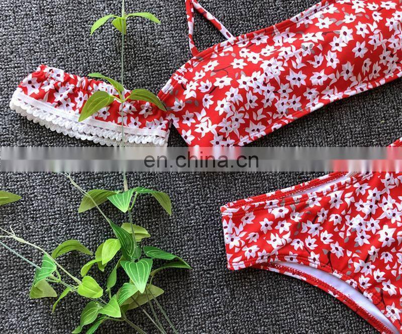 2019 Sexy High Waist Swimsuit Women Lace Bikini Off Shoulder Bikinis Swimwear Red Print Biquini Bathing Suit Beachwear