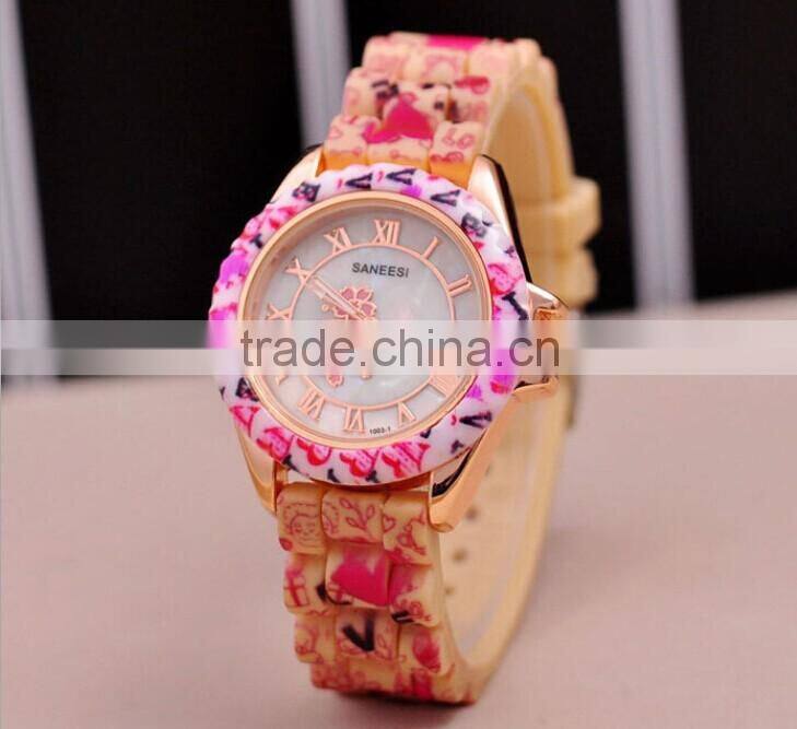 Newest Selling Hot Women/Ladies Fashion Watch Silicon Band Flower Print Jelly Sports Quartz